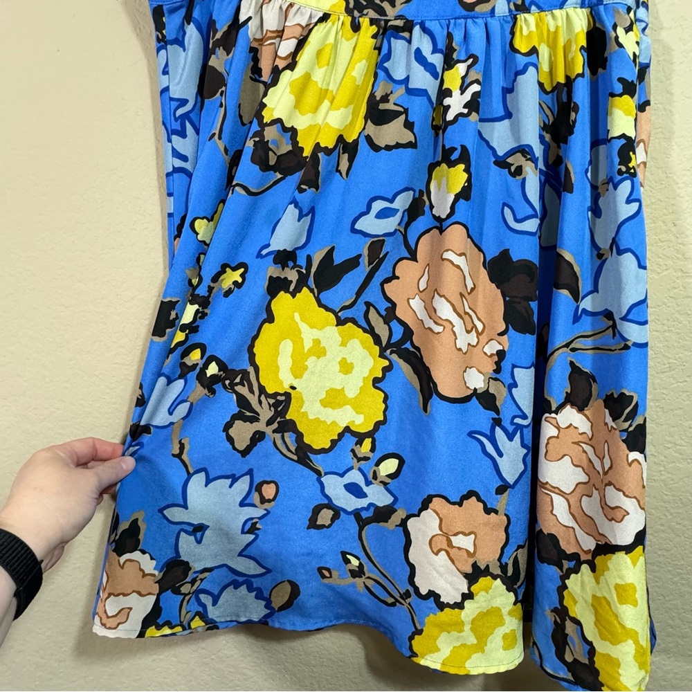 Women's Vivienne Tam Blue Yellow Tan Floral Knee Length Skirt Sz 12 Unlined Y2K - Picture 6 of 9